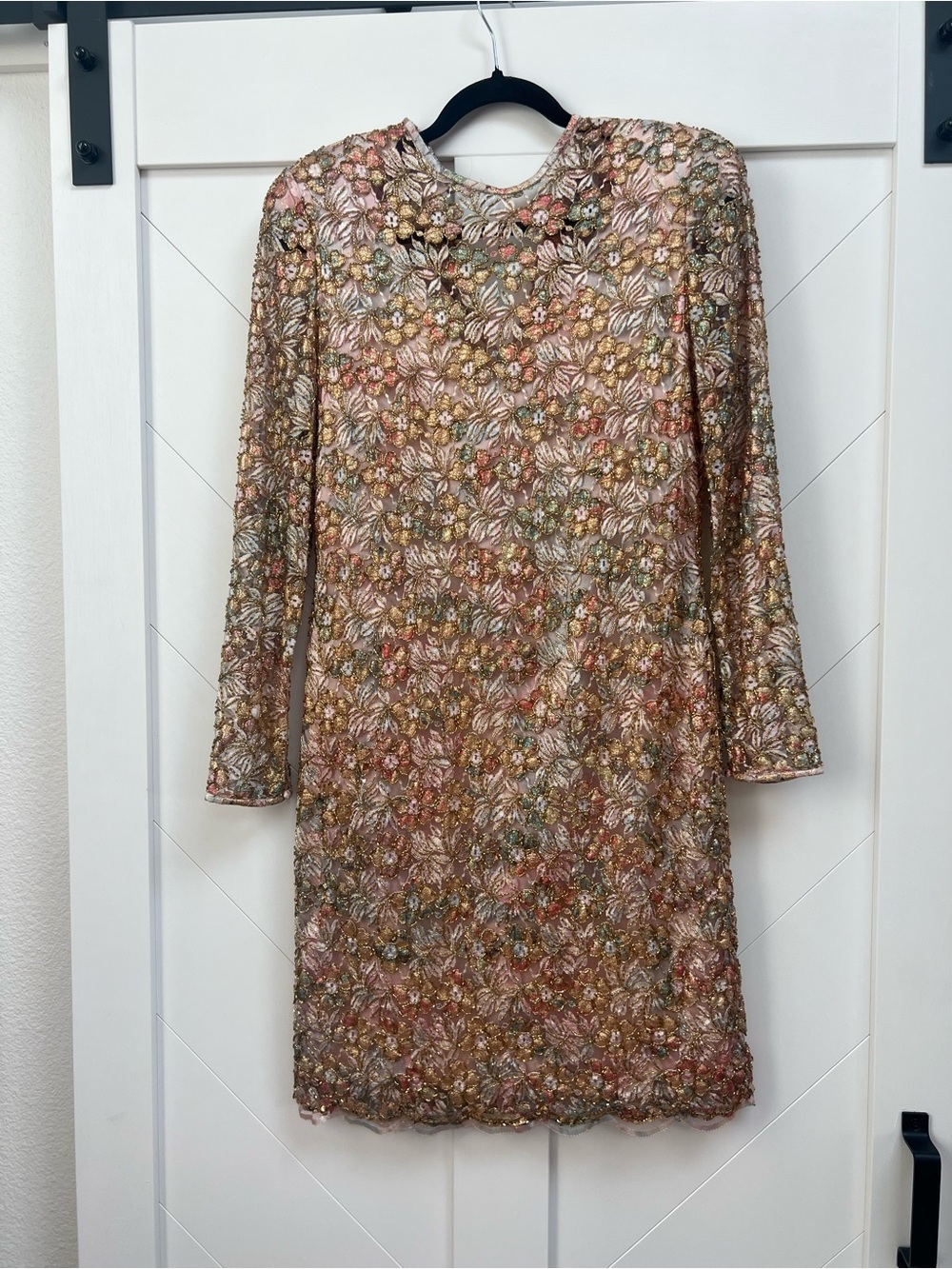 Rina diMontella Blush Multi Floral Beaded Long-Sleeve Wedding/Evening Dress